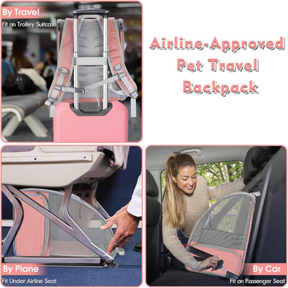 Cat Backpack Carrier, Large Pet Backpack with Kitten Wand Feather Toy for Medium Small Dog Cat Puppy Kitty Bunny up to 15lbs, Ventilated Mesh Dog Travel Carrier for Hiking Walking Outdoor Use (Pink)