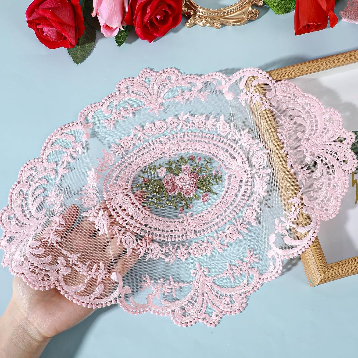 3 Pcs Pink Retro Lace Placemats, 12x16 in Lace Doilies for Tables French Crochet Oval Embroidered Table Place Mats for Wedding Party Home Vase Cup Mat Table Decor(3 Sizes)