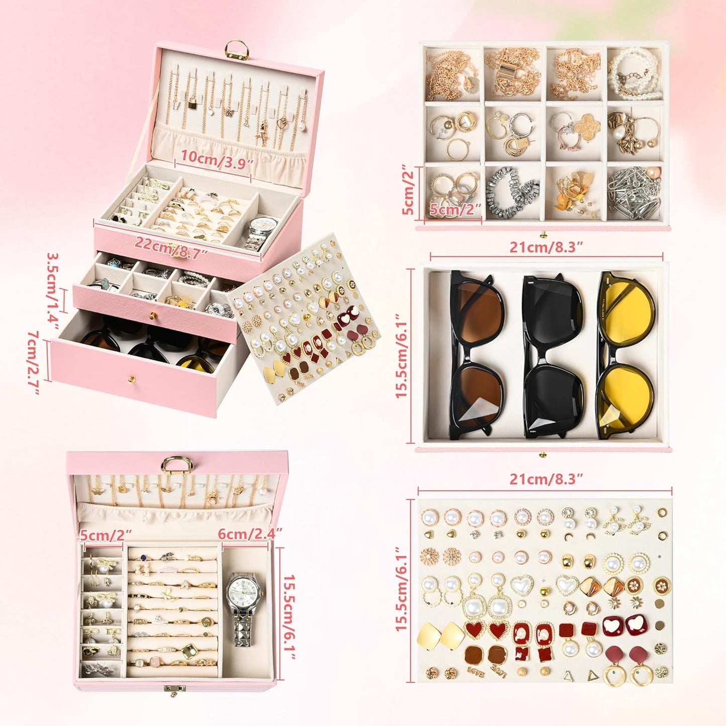 Jewelry Box, 3 Layers Leather Jewelry Storage Display Box for Women, Gift Case, 2 Drawers, Large Capacity for Necklace Earrings Bracelets Rings, Pink