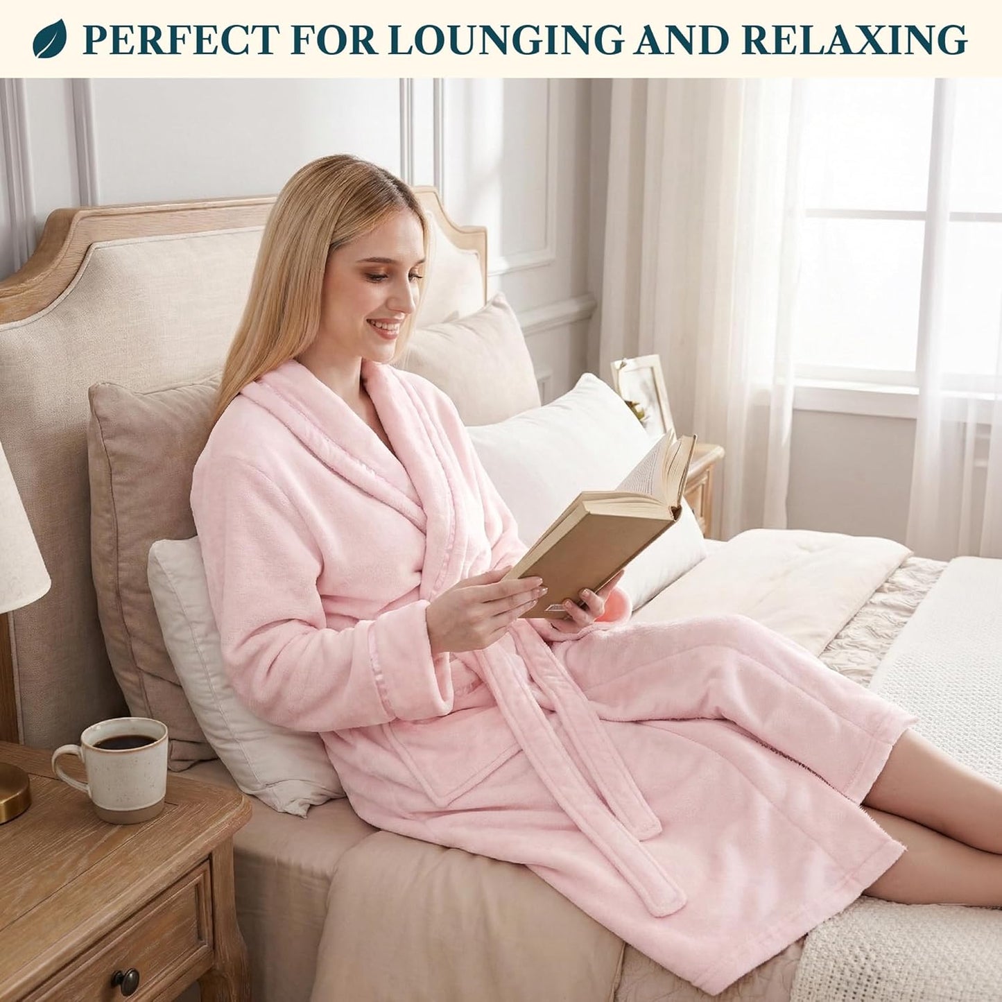 PAVILIA Womens Fleece Robe with Satin Trim, Plush Soft Long Spa Bathrobe, Cozy Shawl Collar Housecoat with Pockets