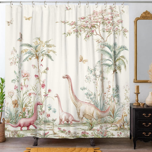 Dinosaur Shower Curtain, Fanciful Vintage Flowers Palm Trees Spring Pastel Peach Washable with Hooks Design Print Bath Curtains Decor for Bathroom Guest Room 72x84 Inch