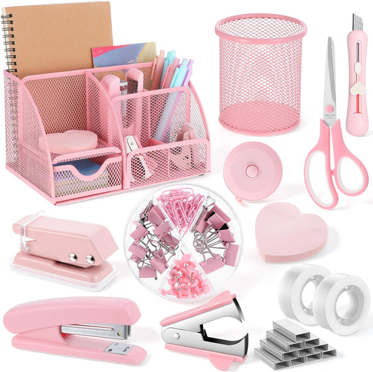 Pink Office Supplies, 12PCS Pink Desk Accessories Set Include Mesh Desk Organizer, Tape Dispenser, Stapler, 1000 Staples, Staple Remover, Pen Holder, Clips Set, Scissors, Sticky Notes for Women