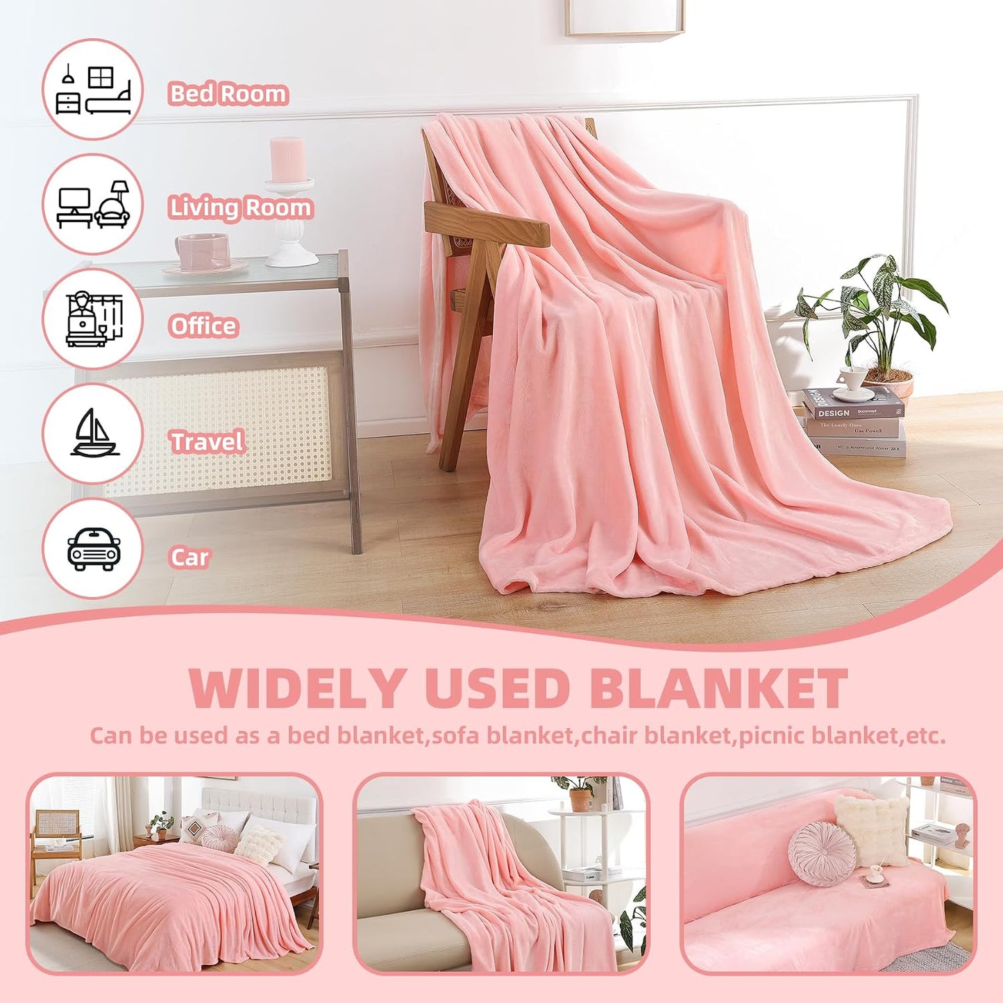 Pink Fleece Throw Blanket for Couch Chair Sofa, Soft Warm Fuzzy Cozy Blankets for Women Men, 300GSM Room Decor Flannel Microfiber Blankets for All Seasons, 50x60 Inches