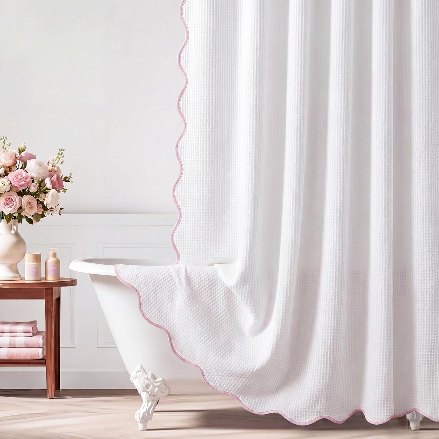 Scalloped Waffle Shower Curtain with 12 Metal Hooks Thick Weighted Fabric Wrinkle and Rust Resistant Heavy Duty Long Curtains for Bathroom Showers Bath Tubs Machine Wash, 72x72 in (Pink)