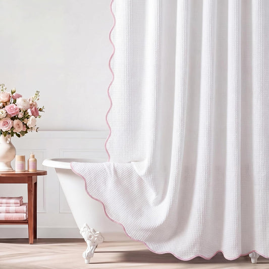 Scalloped Waffle Shower Curtain with 12 Metal Hooks Thick Weighted Fabric Wrinkle and Rust Resistant Heavy Duty Long Curtains for Bathroom Showers Bath Tubs Machine Wash, 72x72 in (Pink)