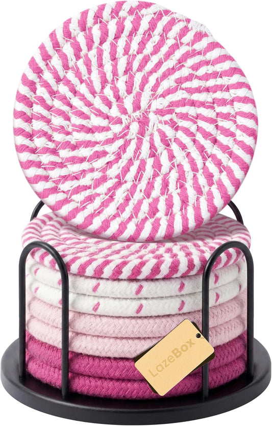 Lazebox Coasters Set of 8 for Drinks, 4 Inch Large Coasters for Coffee Table, Tabletop Protection for Hot & Cold Drinks, Versatile Coasters for Home Decor, Non-Slip & Easy to Clean, Pink