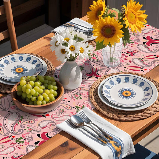 Table Runner 36'' Length - Vintage Baroque Style Floral Linen Table Runners Dining Table Decoratio Abstract Pink Paisley Flowers Dresser Scarf Washable Tablerunners for Kitchen/Party