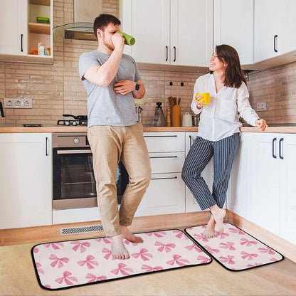 Burbuja Pink Bow Kitchen Rug and Mat Set of 2, Absorbent Washable Non Skid Comfort Standing Floor Mat for Kitchen Bathroom Living Room Sink Laundry