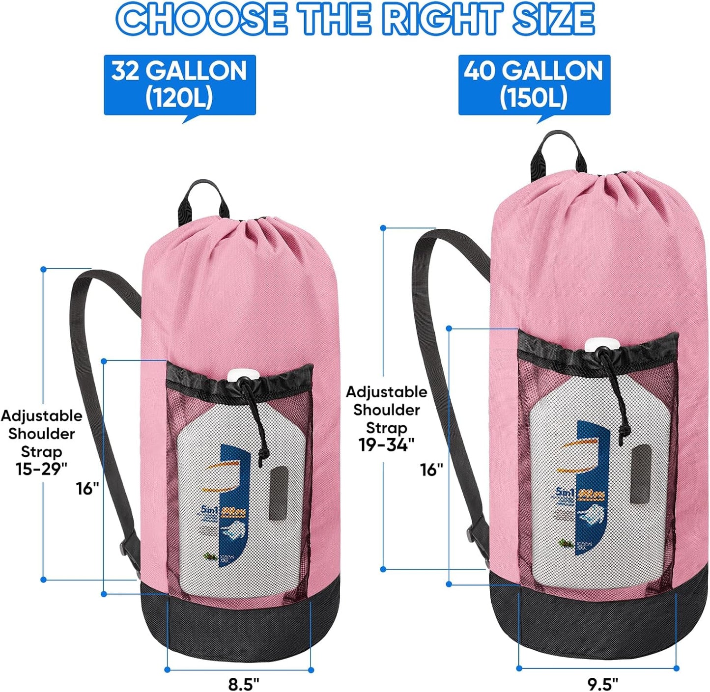 BALEINE 2PK 120L Laundry Bag Backpack, 900D Oxford Fabric Large Travel Laundry Bags with Shoulder Straps and 2 Mesh Pockets for College Dorm, Apartment, Laundromat (Pink, 120L)