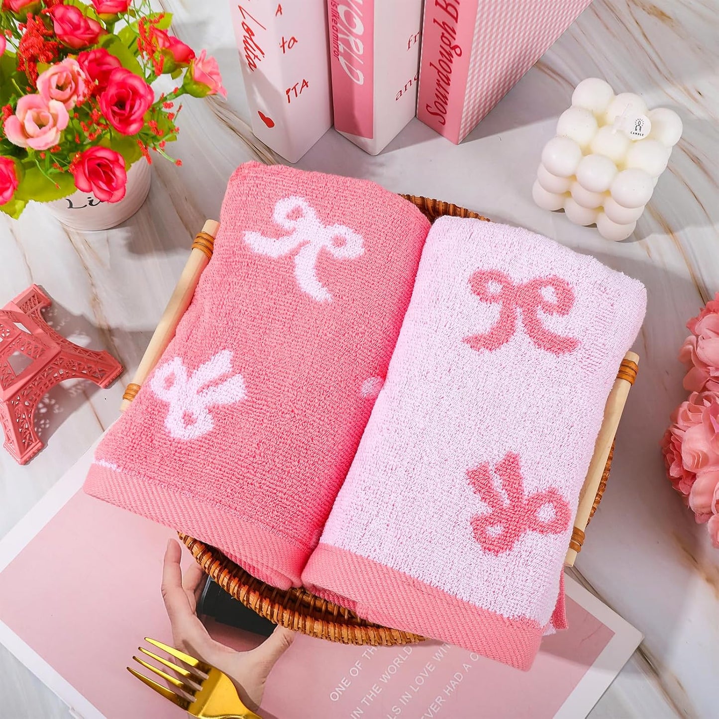 FYSUIMU 2Pcs Pink Bow Hand Towels for Bathroom Cute White Pink Bowknot Embroidered Cotton Soft Decorative Dish Towels for Drying Cooking Kitchen Cleaning Bridal Shower Wedding Gift Set, 29.5 x 13.7 In