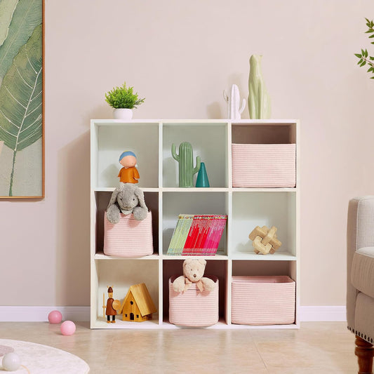 Set of 4 Pink Rope Basket for Shelves Woven Rectangle Storage Basket Bins for Nursery Toy Storage for Baby Girl