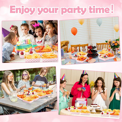 Dunzoom 50 Pack Pink Gingham Paper Plates Food Trays Light Pink and White Checkered Bowls Disposable Popcorn Box Snacks Nachos Hot Dog Boats for Birthday Bridal Baby Shower Party Supplies Decoration