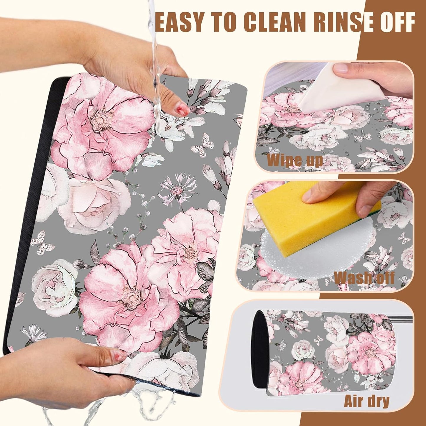 Pink Flowers and Leaves Coffee Mat Absorbent Dish Drying Mat for Kitchen Counter Hide Stain Rubber Backed Coffee Bar Accessories Fit Under Espresso Machine Cafe Table, 11.8 x 19.7 Inch