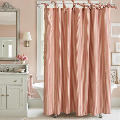 Blush Pink Striped Shower Curtain Hookless - 72x72 Inches,Linen Blend Cloth Fabric,Girly Cute Coquette Style Ticking Vertical Stripe Shower Curtain for French Country Bathroom Decor