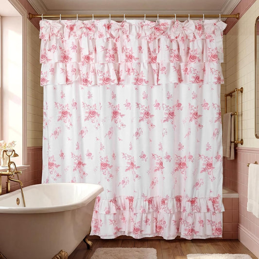Pink Floral Ruffle Shower Curtain with Bows Vintage Pink Flower Print Bathroom Curtain with 12 Buttonholes Layered Farmhouse Rustic Bath Decor for Spring Bathroom Dorm 72x72 Inch