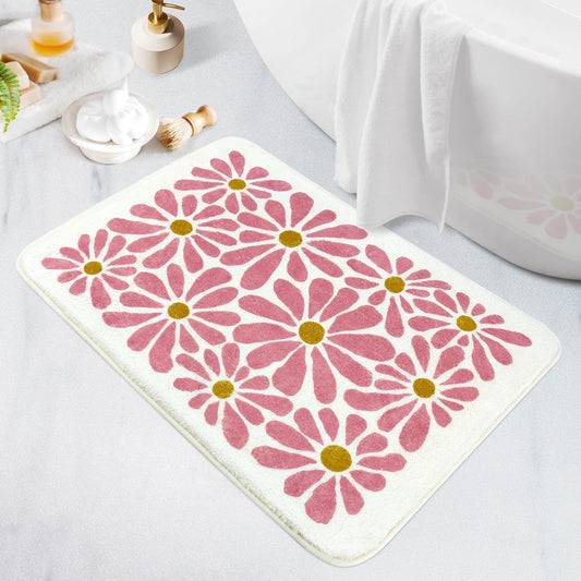 SHIYUE Pink Bathroom Rugs Bath Mat, Microfiber Fluffy Soft Floor Mats for Bathroom, Non-Slip and Waterproof Back Soft Bathmat, for Indoor Shower Bathtub Decoration (18x26in Cute Floral)
