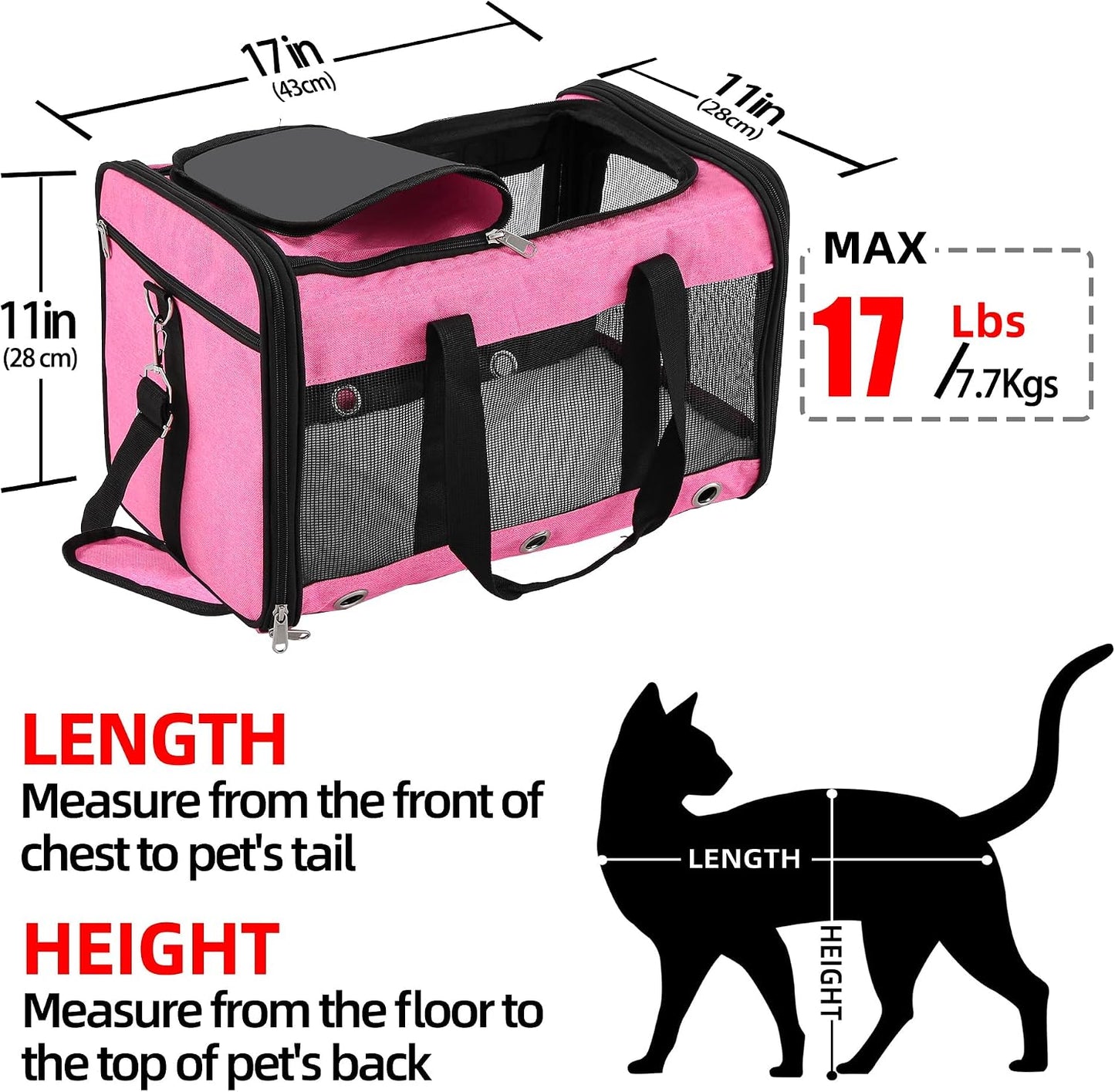 Soft Sided Cat/Dog Carrier,Collapsible Pets Travel Carriers for Pet/Puppy with Shoulder Strap & Removable Mat,Mesh Top Load Small Dogs/Cats Carry Bag Up to 17 Lbs TSA Airline Approved（Pink,M）