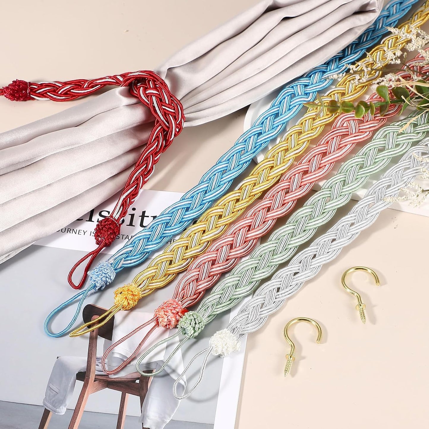 PATIKIL 23inch Curtain Tiebacks, 6 Pack Curtain Tie Backs Handmade Braided Drapery Tiebacks Lovely Cute Versatile Holdback Rope with Hook for Curtains Drapes Wall Window, Pink