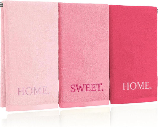 FuWeave 3 Pcs Farmhouse Decorative Hand Towels for Bathroom and Kitchen Rustic Embroidered Cotton Hand Towels Decorative Set for Boho Bathroom Decor(Pink,Home Sweet Home)