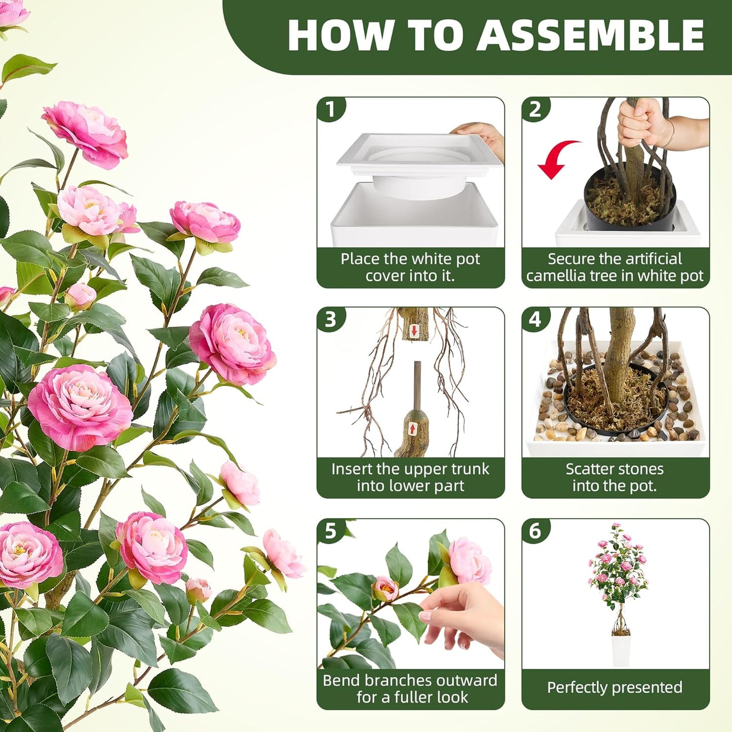 5FT Artificial Camellia Tree with White Tall Planter, Pink Faux Plant Indoor Outdoor, Faux Camellia Plants for Porch, Living Room & Office Decor