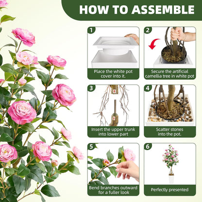 5FT Artificial Camellia Tree with White Tall Planter, Pink Faux Plant Indoor Outdoor, Faux Camellia Plants for Porch, Living Room & Office Decor
