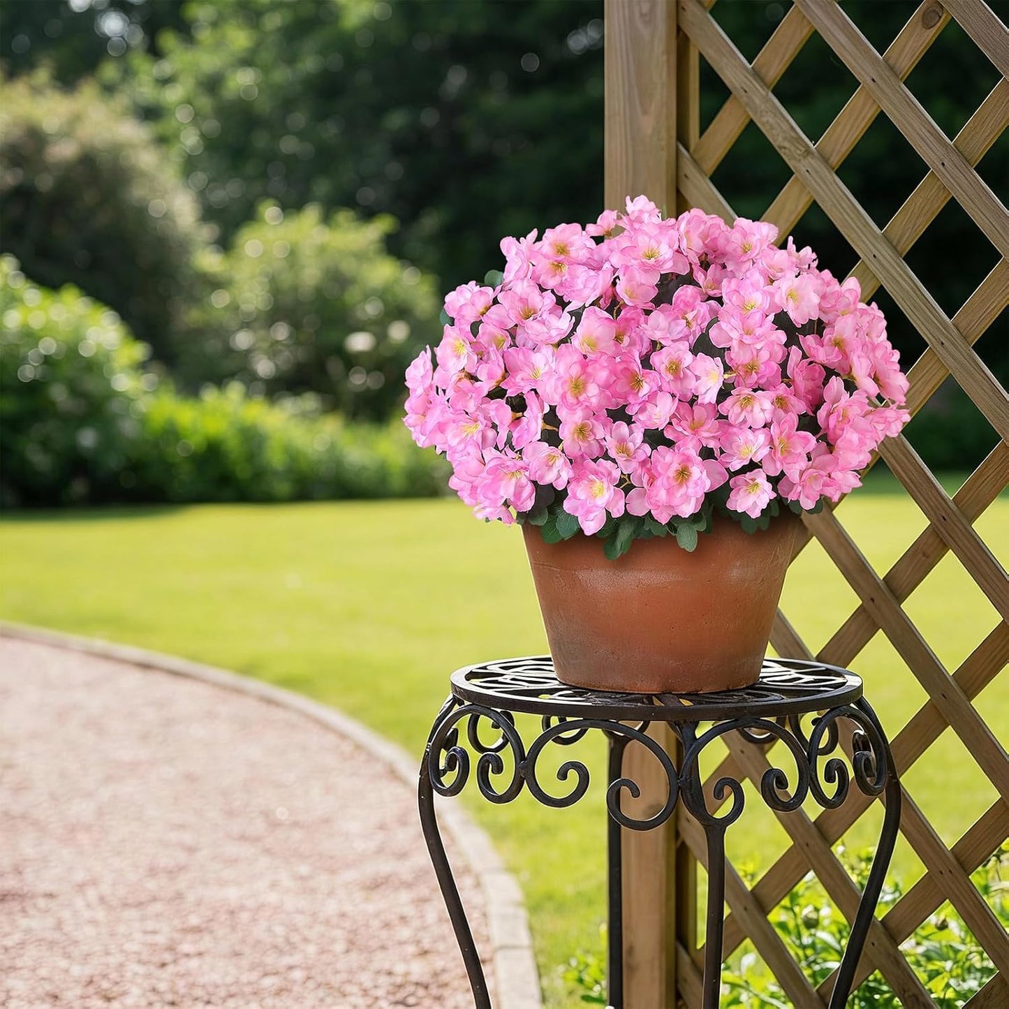 YXZZWL Set of 2 Artificial Azalea Flower Topiary Trees - Fake Silk Flower Potted Plants, Sun-Resistant Faux Outdoor Azalea Bushes for Front Door, Garden, Yard, Farmhouse Decor (Pink)