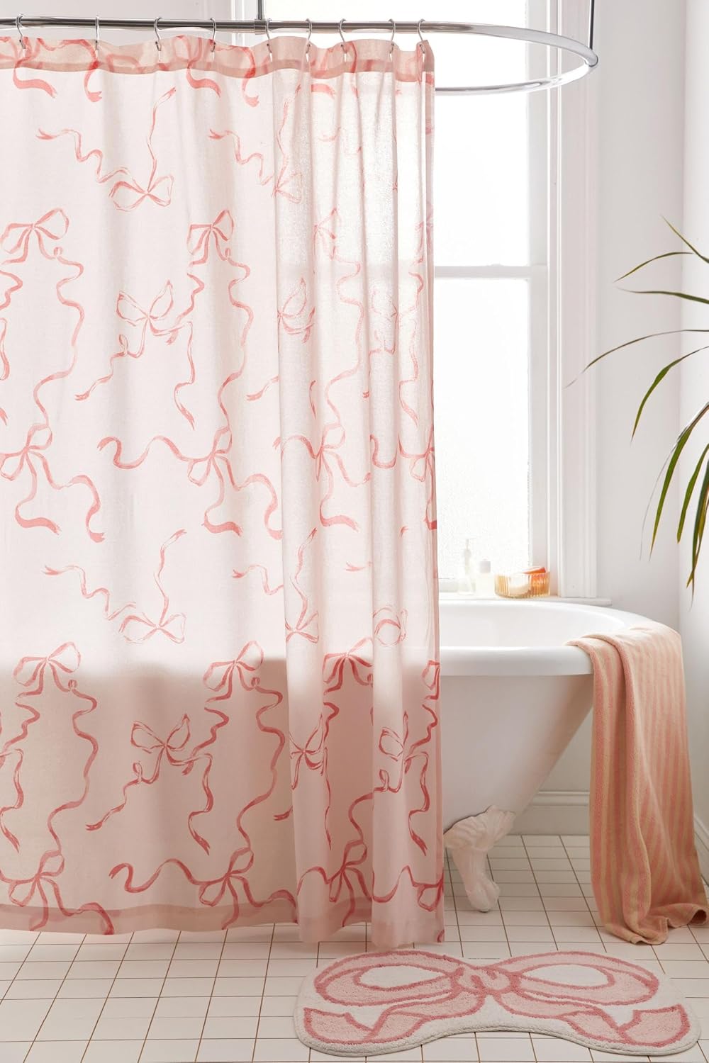 Bow Shower Curtain, Coquette Handcrafted Bow Tie Bath Curtain for Master Bathroom, Ruched Microfiber Bathroom Curtain with 12 Buttonholes, 72" W x 72" H (Coquette Pink)