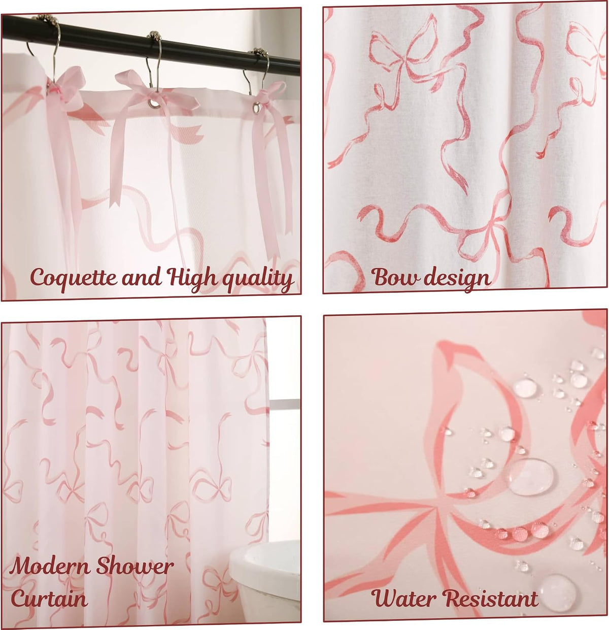 Bow Shower Curtain, Coquette Handcrafted Bow Tie Bath Curtain for Master Bathroom, Ruched Microfiber Bathroom Curtain with 12 Buttonholes, 72" W x 72" H (Coquette Pink)