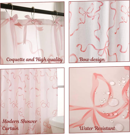 Bow Shower Curtain, Coquette Handcrafted Bow Tie Bath Curtain for Master Bathroom, Ruched Microfiber Bathroom Curtain with 12 Buttonholes, 72" W x 72" H (Coquette Pink)