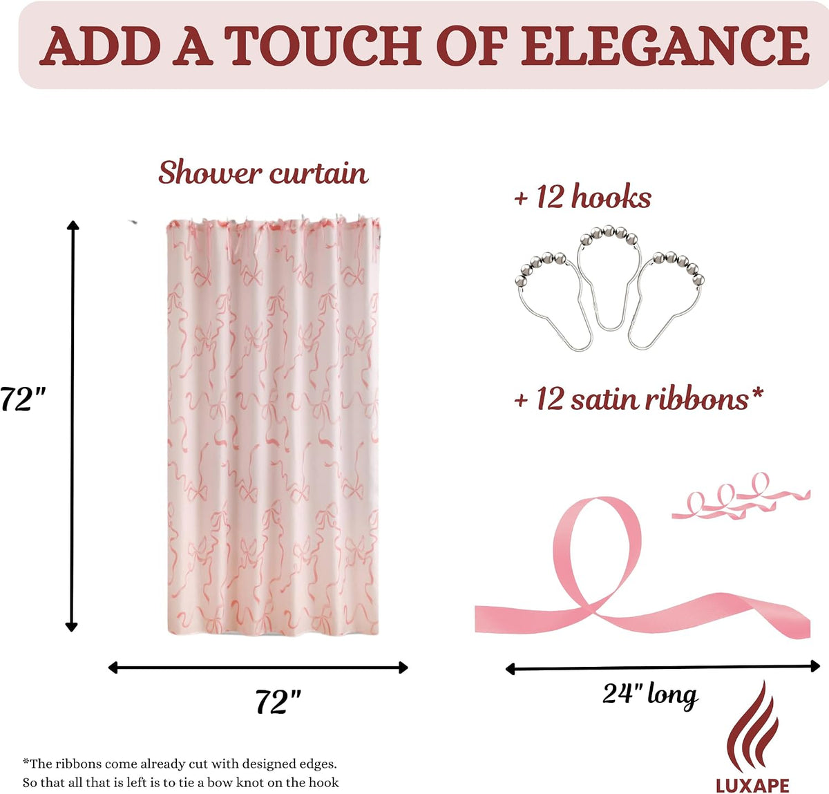 Bow Shower Curtain, Coquette Handcrafted Bow Tie Bath Curtain for Master Bathroom, Ruched Microfiber Bathroom Curtain with 12 Buttonholes, 72" W x 72" H (Coquette Pink)