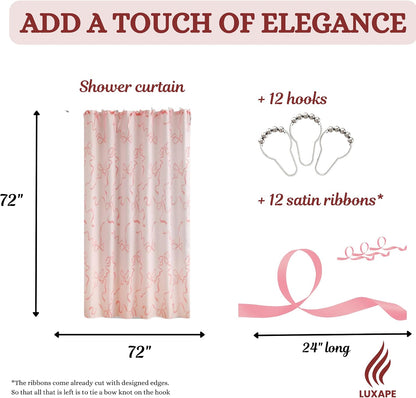 Bow Shower Curtain, Coquette Handcrafted Bow Tie Bath Curtain for Master Bathroom, Ruched Microfiber Bathroom Curtain with 12 Buttonholes, 72" W x 72" H (Coquette Pink)