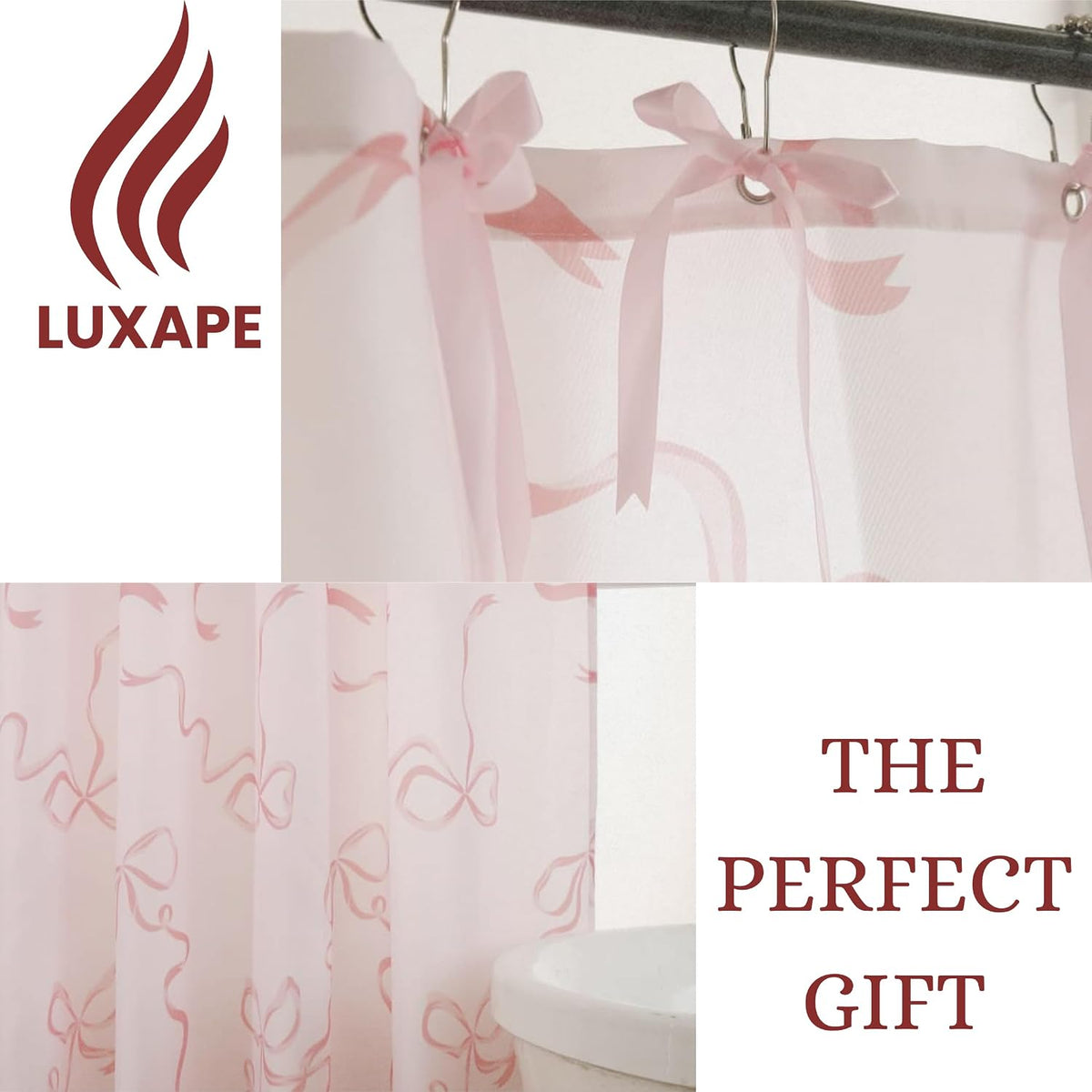 Bow Shower Curtain, Coquette Handcrafted Bow Tie Bath Curtain for Master Bathroom, Ruched Microfiber Bathroom Curtain with 12 Buttonholes, 72" W x 72" H (Coquette Pink)