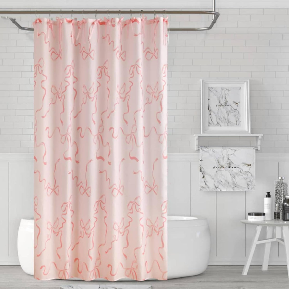 Bow Shower Curtain, Coquette Handcrafted Bow Tie Bath Curtain for Master Bathroom, Ruched Microfiber Bathroom Curtain with 12 Buttonholes, 72" W x 72" H (Coquette Pink)