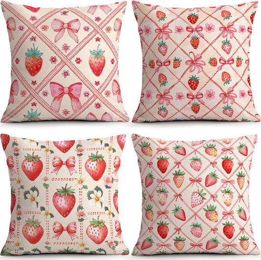 OBSEDE Pink Bow Strawberry Throw Pillow Covers 18 × 18 in, Set of 4, Couch Cushion Cases Inserts for Sofa Bed Living Room Home Decor, Single Side Print