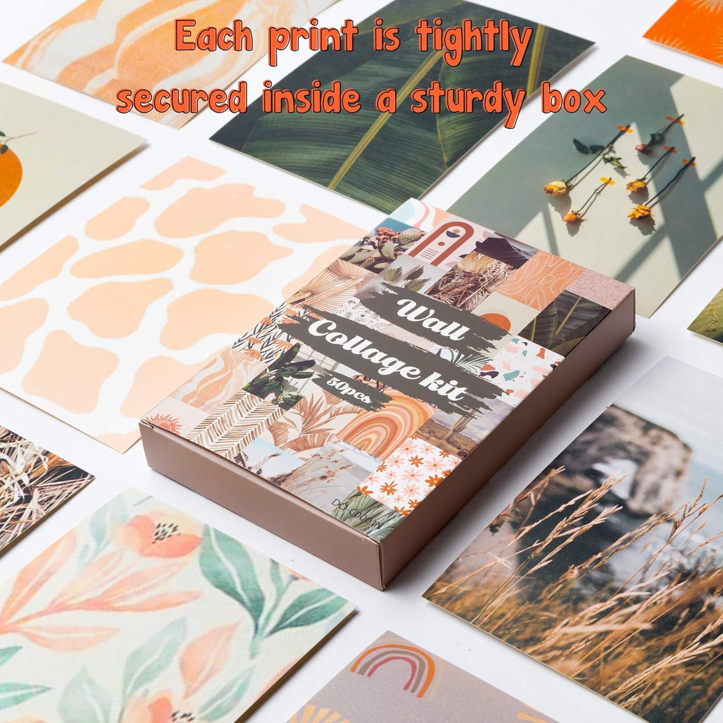 50PCS Boho Aesthetic Pictures Wall Collage Kit, Peach Teal Photo Collection Collage Dorm Decor for Girl Teens and Women, Orange Boho Wall Prints Kit, Small Posters for Room Bedroom Aesthetic