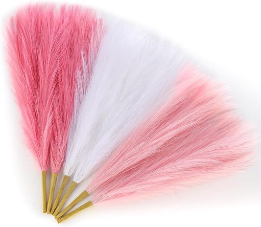 Pink Pampas Grass Decor 17.7 Inch 6pcs, Artificial Pampas Grass for Room Decoration, Blush Faux Pampas for Short Vase, Home Wedding Party Table Centerpieces