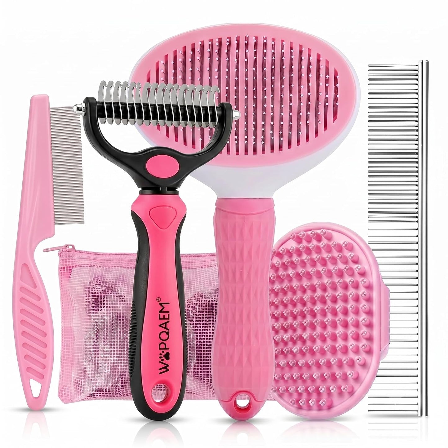 5PCS Dog Brush Grooming Kit with Self Cleaning Slicker Brush, Pink, | Deshedding Brush Kit for Dogs & Cats, Ideal for Short Long Hair, Daily Detangling & Home Bath Massage (5-in-1 Set)