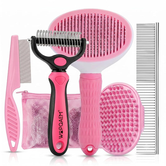 5PCS Dog Brush Grooming Kit with Self Cleaning Slicker Brush, Pink, | Deshedding Brush Kit for Dogs & Cats, Ideal for Short Long Hair, Daily Detangling & Home Bath Massage (5-in-1 Set)
