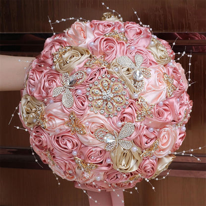 Handmade Rhinestone Bridal Bouquet for Wedding Round Tossing Bouquet Artificial Flower Bunch for Bride Bridesmaid (Champagne+Peach Pink, Small (Dia. 7.5"/18cm))