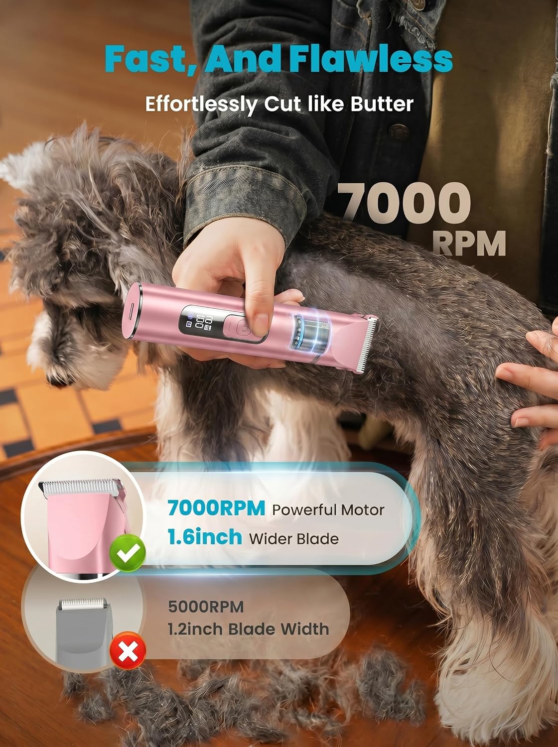 oneisall 4 in 1 Dog Grooming Kit with LCD Display, Dog Hair Trimmer for Paw Nail Grinder, Rechargeable Cordless Low Noise IPX7 Waterproof Pet Clippers Pink