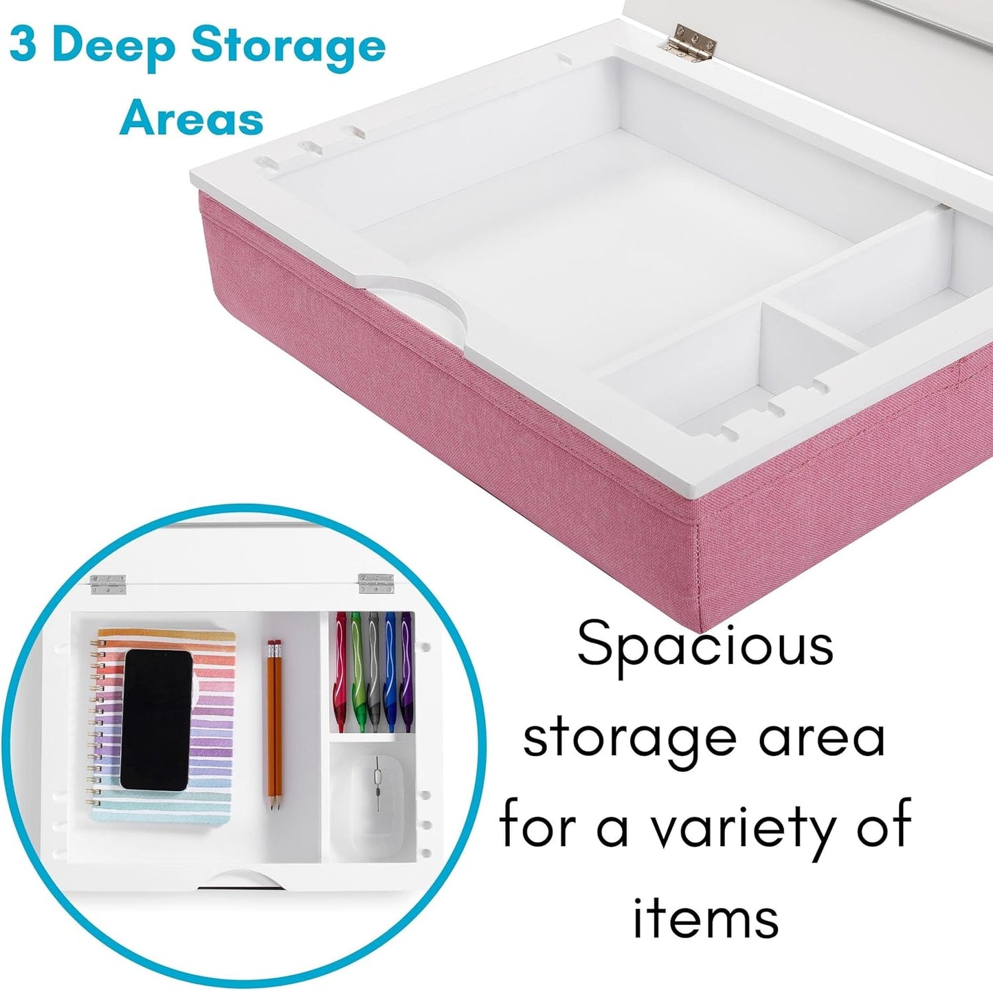 BIRDROCK HOME Lap Desk with Storage and Cushion | Deep Compartment and Adjustable Top with Clip | Fits Laptop Up to 15" | Pink | Computer Accessories | Laptop and Writing Desk