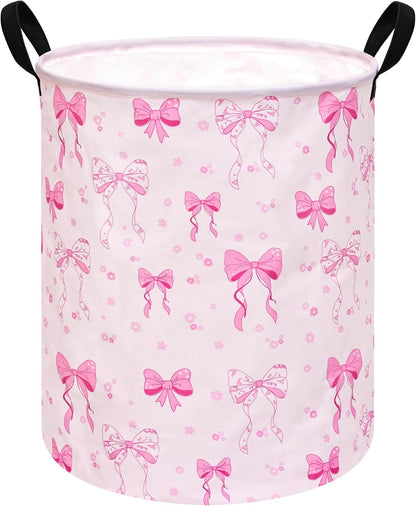 Pink Bowknot Kids Laundry Hamper Clothes Gift Basket Storage Laundry Baskets Organizer Bin with Handles for Nursery Room