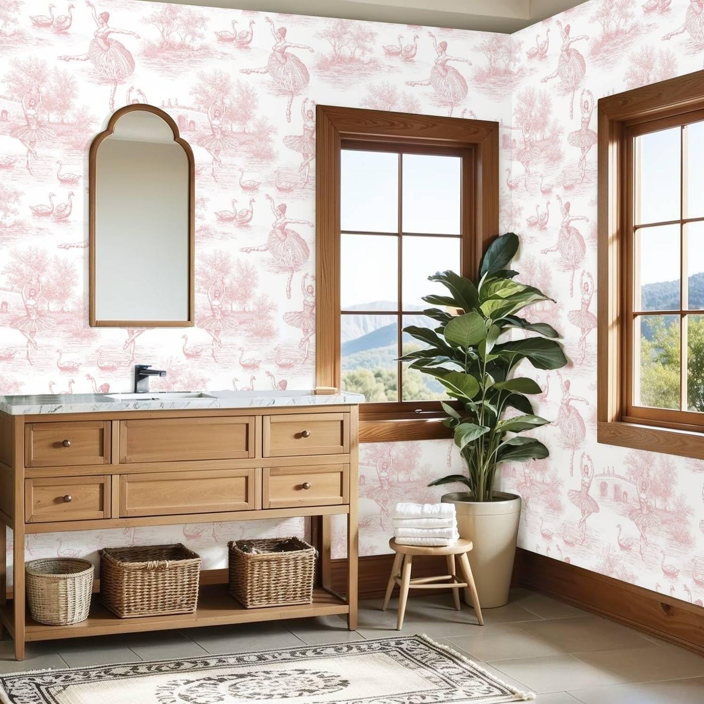 Peel and Stick Wallpaper Self Adhesive Wall Mural Pink Toile Ballerina Swan Contact Paper Renter Friendly Wallpaper for Kitchen Nursery Bedroom 17.7"x118"