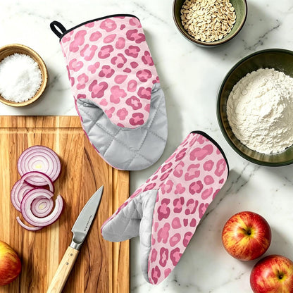 Oven Mitt 2 Pack Set Cute Pink Leopard Print Kitchen Mitts Gloves for for Cooking Baking Grilling