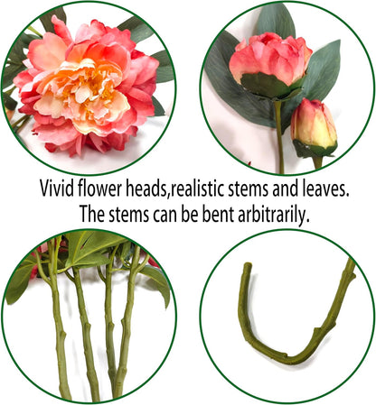 Coral Pink Peonies Artificial Flowers,4 Pcs Fake Silk Peonies with Stems Real Look,Peony Bush for Home Decor (4, Coral Pink)