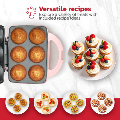 Holstein Housewares Non-Stick 6-Count Electric Cupcake Maker Machine – Bakes 6 Cupcakes, Muffins, Pizza Cups, Cinnamon Buns – Perfect for Gifts, Birthdays, Holidays, or Bake Sales, Pink
