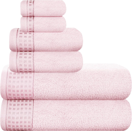 GLAMBURG 100% Cotton Ultra Soft 6 Pack Towel Set, Contains 2 Bath Towels 28x55 Inches, 2 Hand Towels 16x24 Inches & 2 Wash Coths 12x12 Inches, Compact Absorbent Lightweight & Quickdry - Pink
