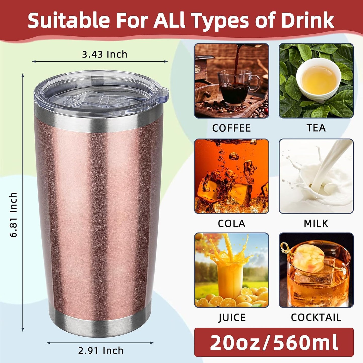 20oz Tumbler with Lid Stainless Steel Insulated Tumblers Travel Coffee Tumbler Bulk Double Wall Vacuum Insulated Water Cup Gifts for Christmas Women Men Her Him Home Office(Rose Gold, 1pack)