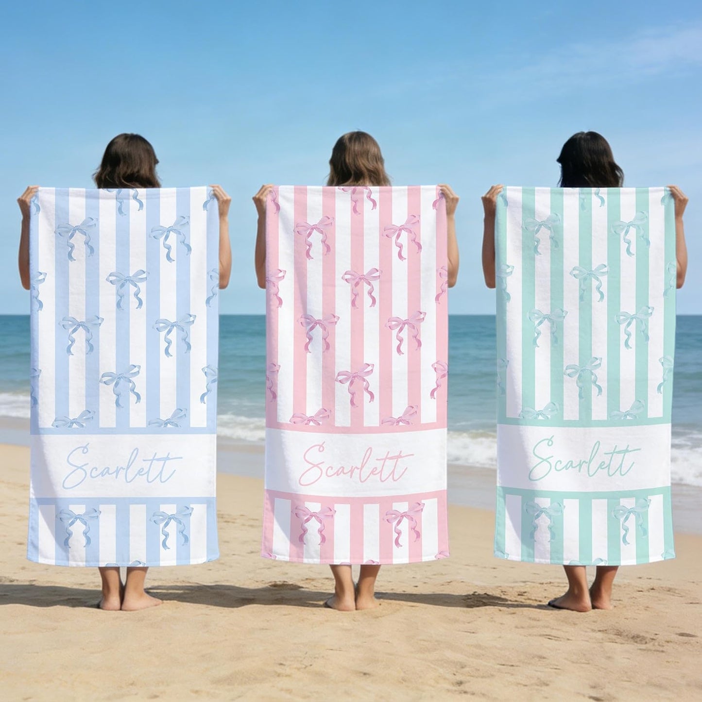 Personalized Ribbon Bow Beach Towel for Women and Girls Custom Name Striped Pattern Pastel Blue Pink Green Microfiber Large Absorbent Bath Towel for Pool Spa Travel Coquette Aesthetic Gift