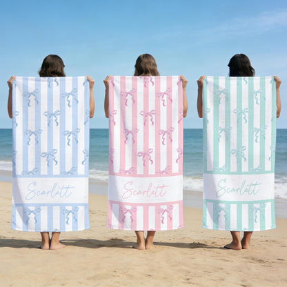 Personalized Ribbon Bow Beach Towel for Women and Girls Custom Name Striped Pattern Pastel Blue Pink Green Microfiber Large Absorbent Bath Towel for Pool Spa Travel Coquette Aesthetic Gift